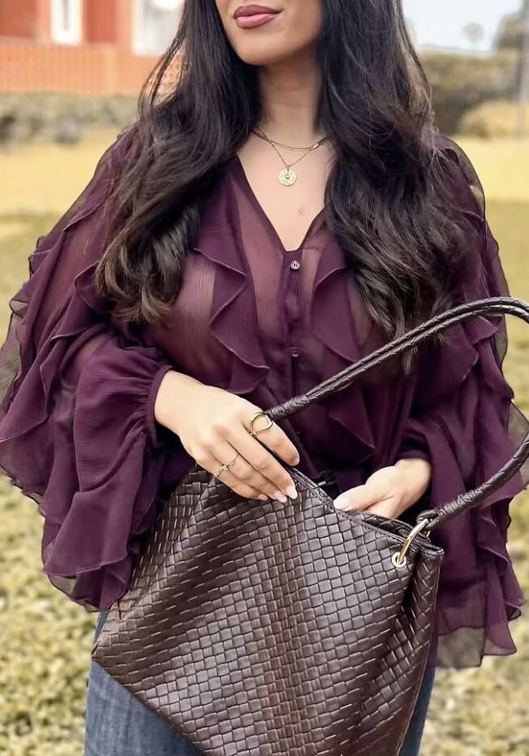 LETSVDO Women's Ruffle Chiffon Tops Puff Sleeve Sheer See Through Button Down V Neck Bubble Loose Casual Blouses Shirts - Image 4