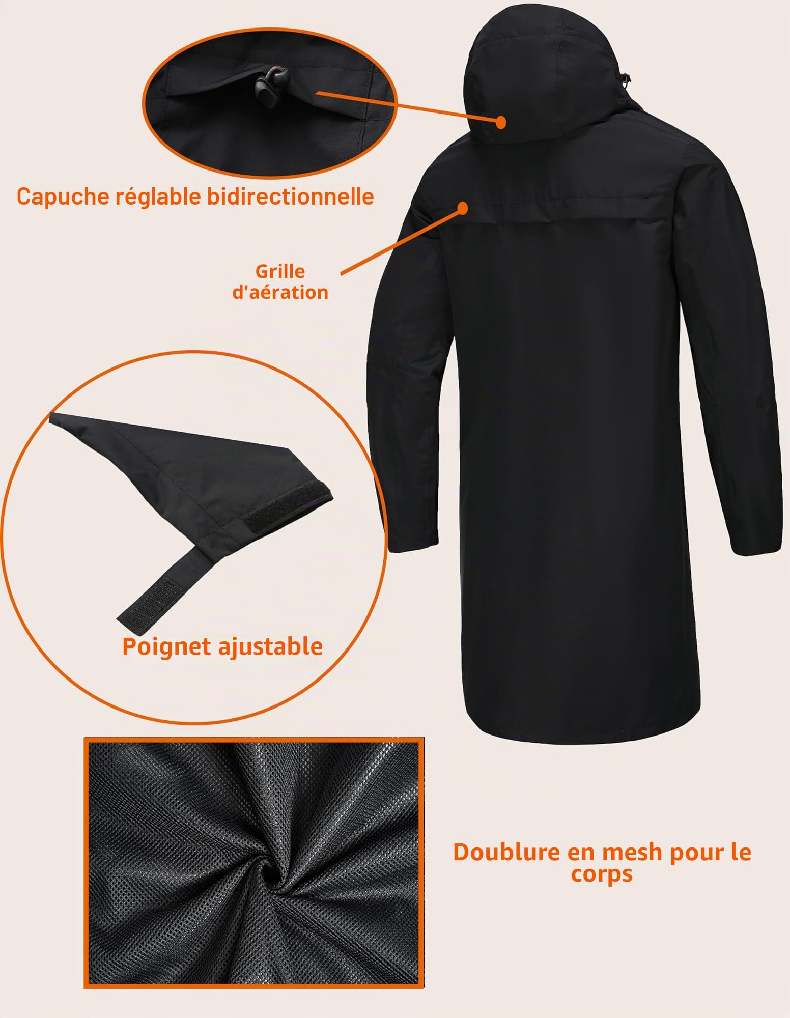NORDIC OUTLAND Veste de pluie pour homme, imperméable et respirante avec doublure en maille, coupe-vent pour les activités de plein air