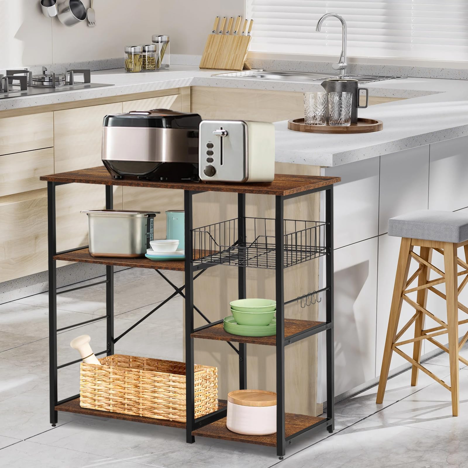 Panana Kitchen Bakers Rack, Multifunctional Microwave Oven Stand Storage Shelves,90 x 39 x 83.5cm,with Metal Mesh Basket and Hook(Rustic Brown/Black)