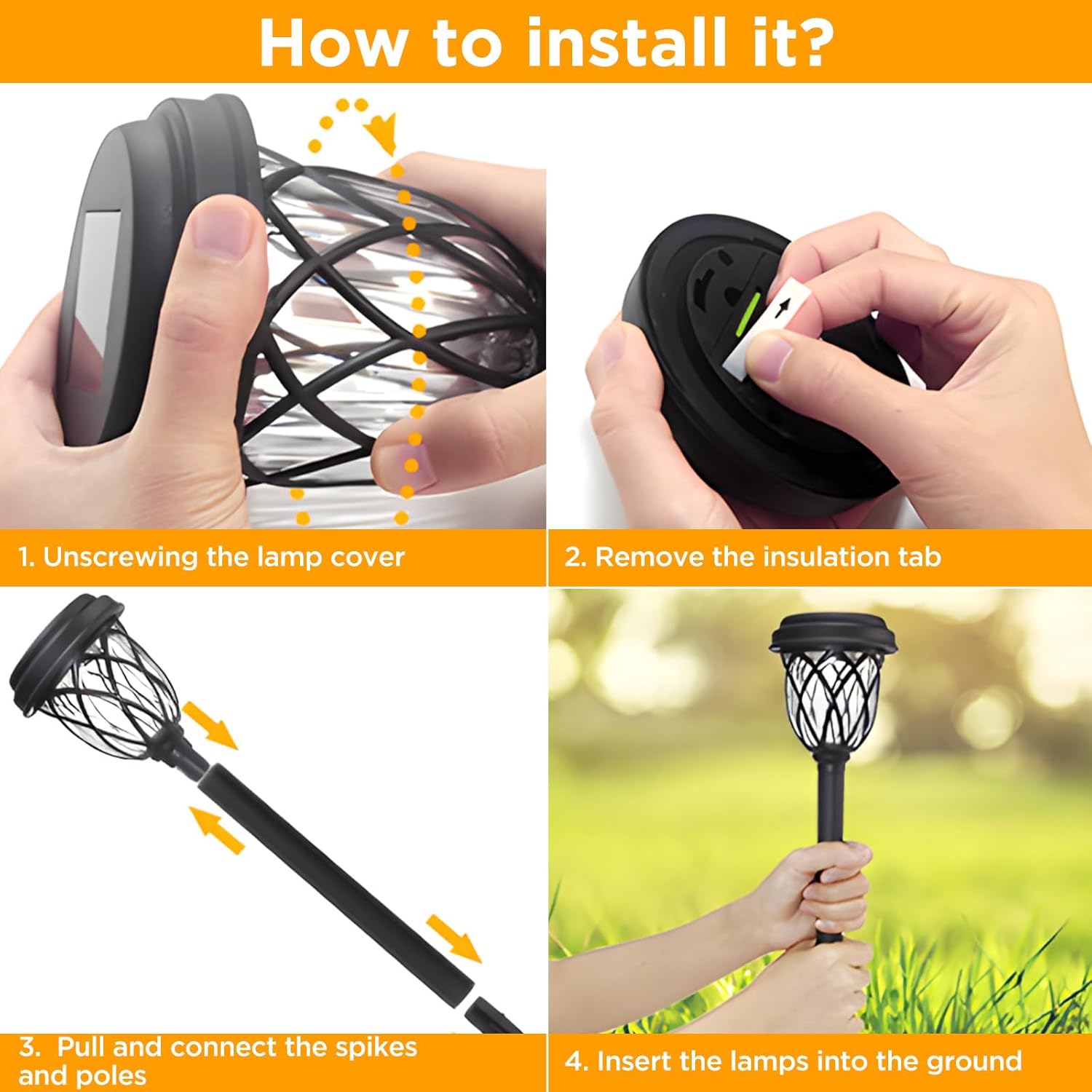 Four-step visual guide for installing HELESIN solar lights
