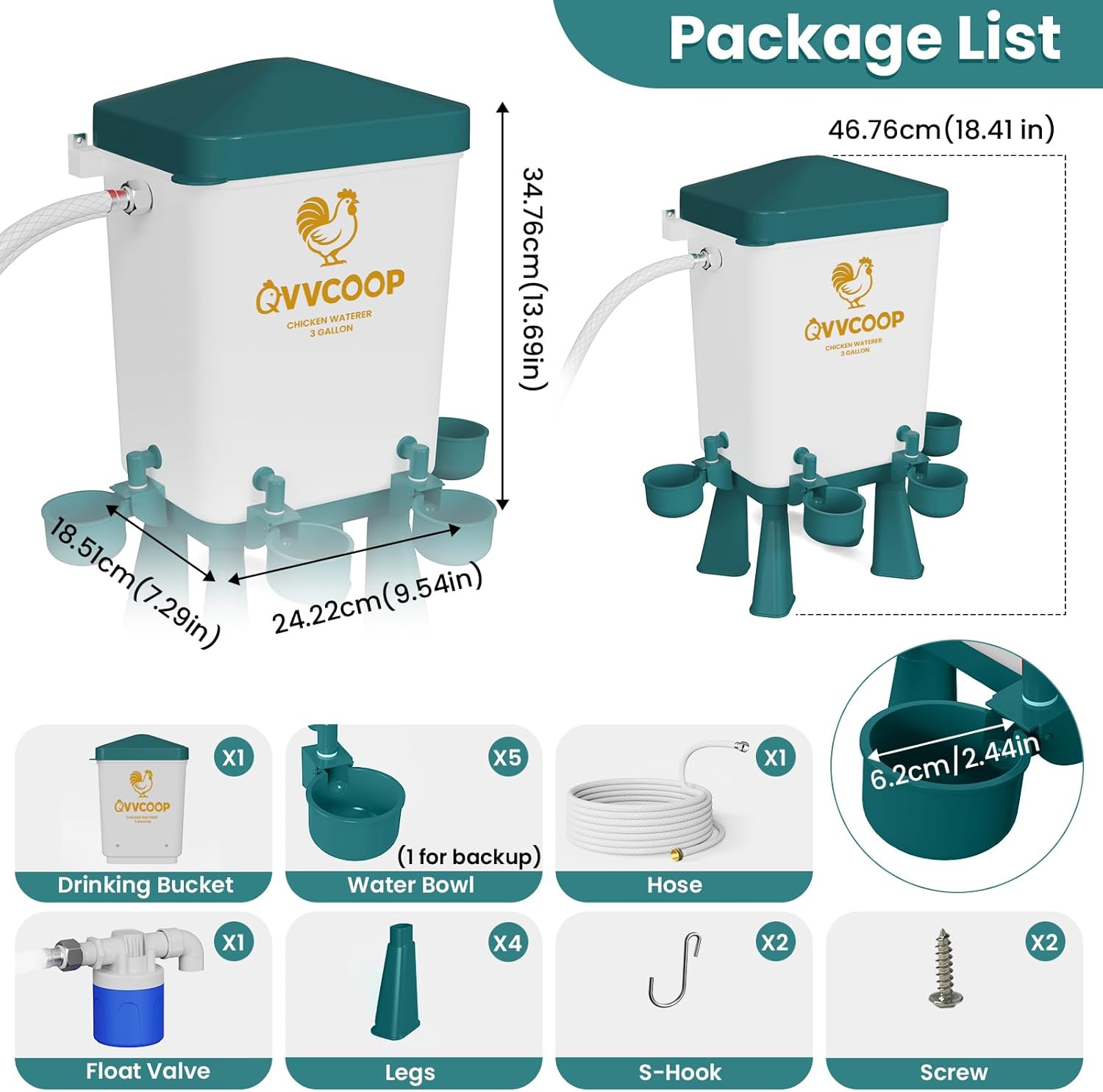 Automatic Chicken Waterer with Float Valve, Elevated Water Dispenser for Chicken, Float Controlled Poultry Watering Supplies, Standing/Hang Use, 3 Gallon, Blue