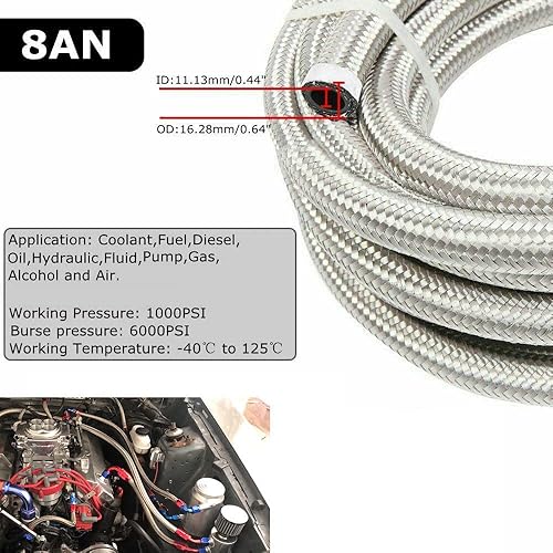 Miniatura 9 de Manguera trenzada de nailon plateado y acero inoxidable de 20 pies de línea CPE de gasóleo combustible, 6AN, tamaño de tubo de 3/8", refrigerante