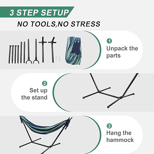 Miniatura 5 de Hamaca con soporte para exterior, capacidad de peso de 600 libras, hamaca portátil 3 en 1 de altura ajustable para acampar al aire libre e interior,