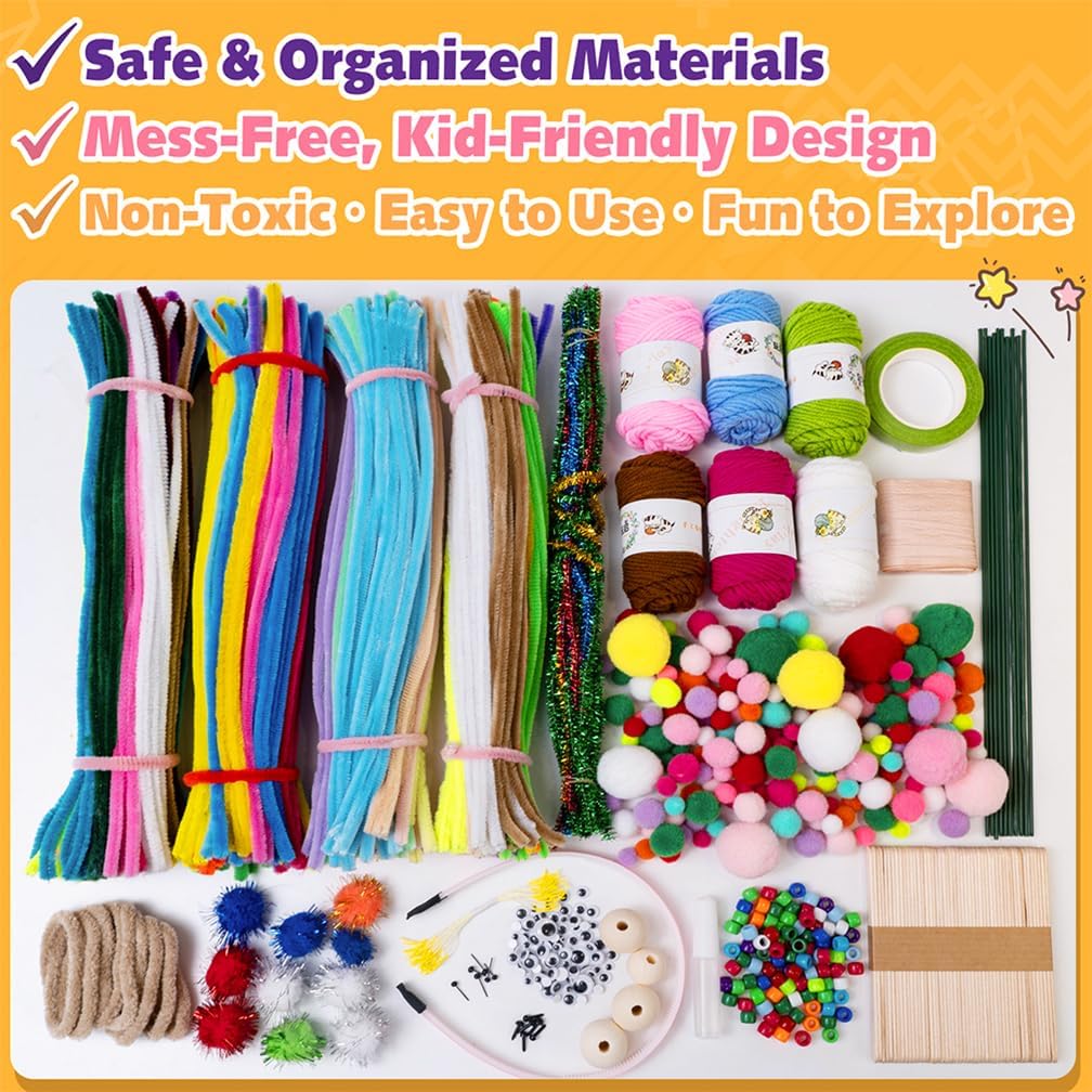 FUNSHOWCASE Craft Box with 1000 Supplies – Pipe Cleaners, Yarn, Pom Poms, Tools