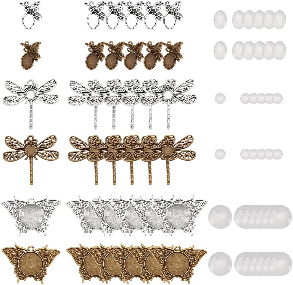 36 Pcs Animal Photo Charms, 6 Styles Animal Pendant Trays Blank Bezel Butterfly Dragonfly Memorial Photo Pendant with 36 Pcs Glass Cabochons for DIY Jewelry Making