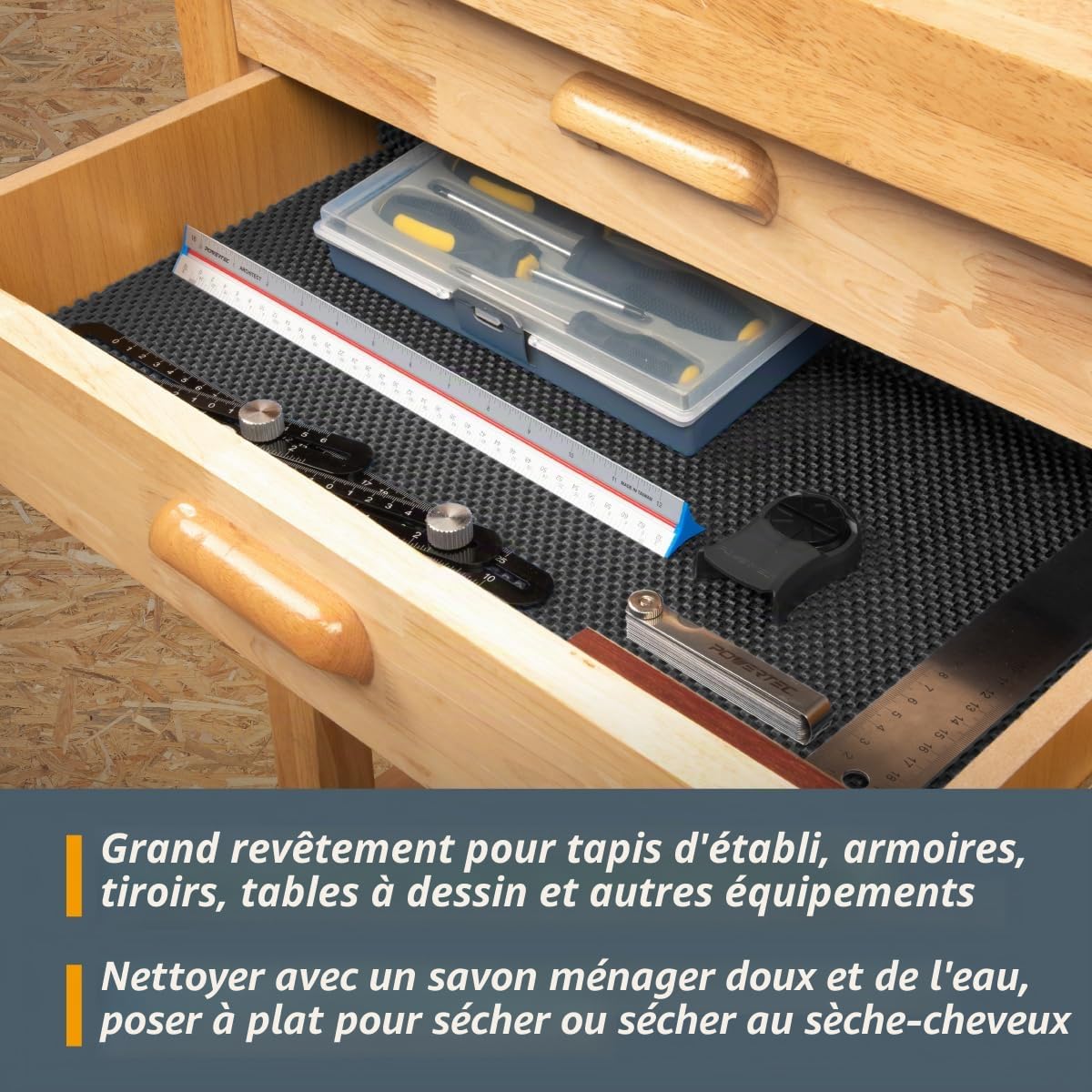 POWERTEC Tapis antidérapant 61 x 121,9 cm, tapis d'outils pour atelier, armoire, établi, revêtement antidérapant pour tiroir, étagère de tiroir, patin de ponçage pour défonceuse de travail du bois