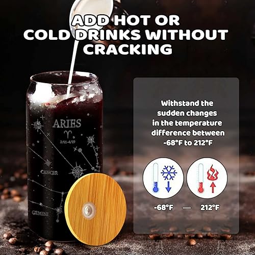 Miniatura 3 de Aries - Tazas de café helado de 20 onzas  Tazas de vidrio con tapas y pajitas  Vaso de vidrio de constelación de astronomía con tapa de bambú y