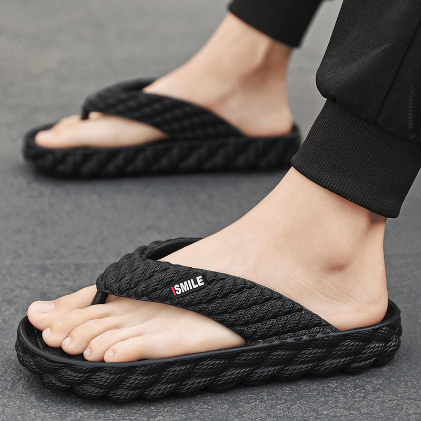 Sandalias Negro Trenzado Textura Plataforma Chanclas, Carta Impresión Antideslizante Eva Tanga Sandalias, Acolchado Rápido Seco Verano Playa Baño-gray-44-45