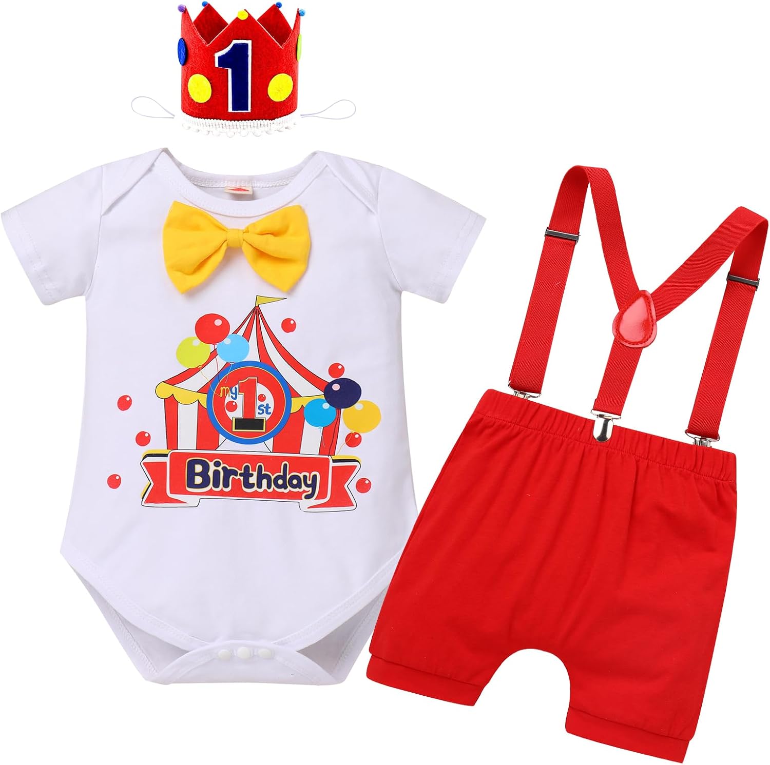 ODASDO Baby Boy Circus 1st Birthday Cake Smash Outfit Carnival Clown Party Clothes Romper Shorts Suspenders Headband Set