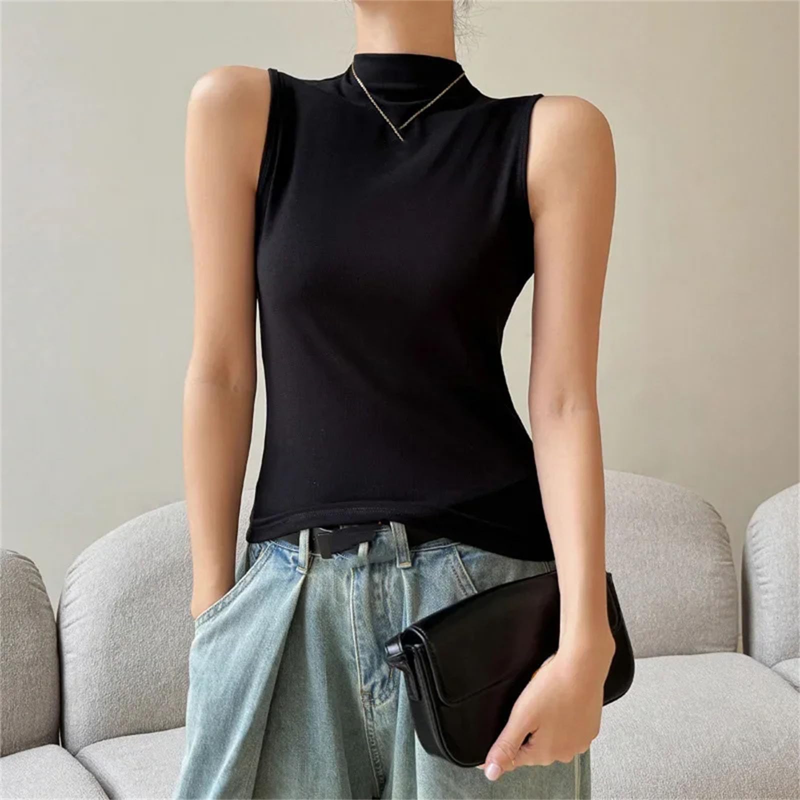 Donne Solido Collo Lupetto Sottile Canotta Maglia Elastico Crop Top Senza Maniche A Costine Casual Top Spiaggia Camis Primavera