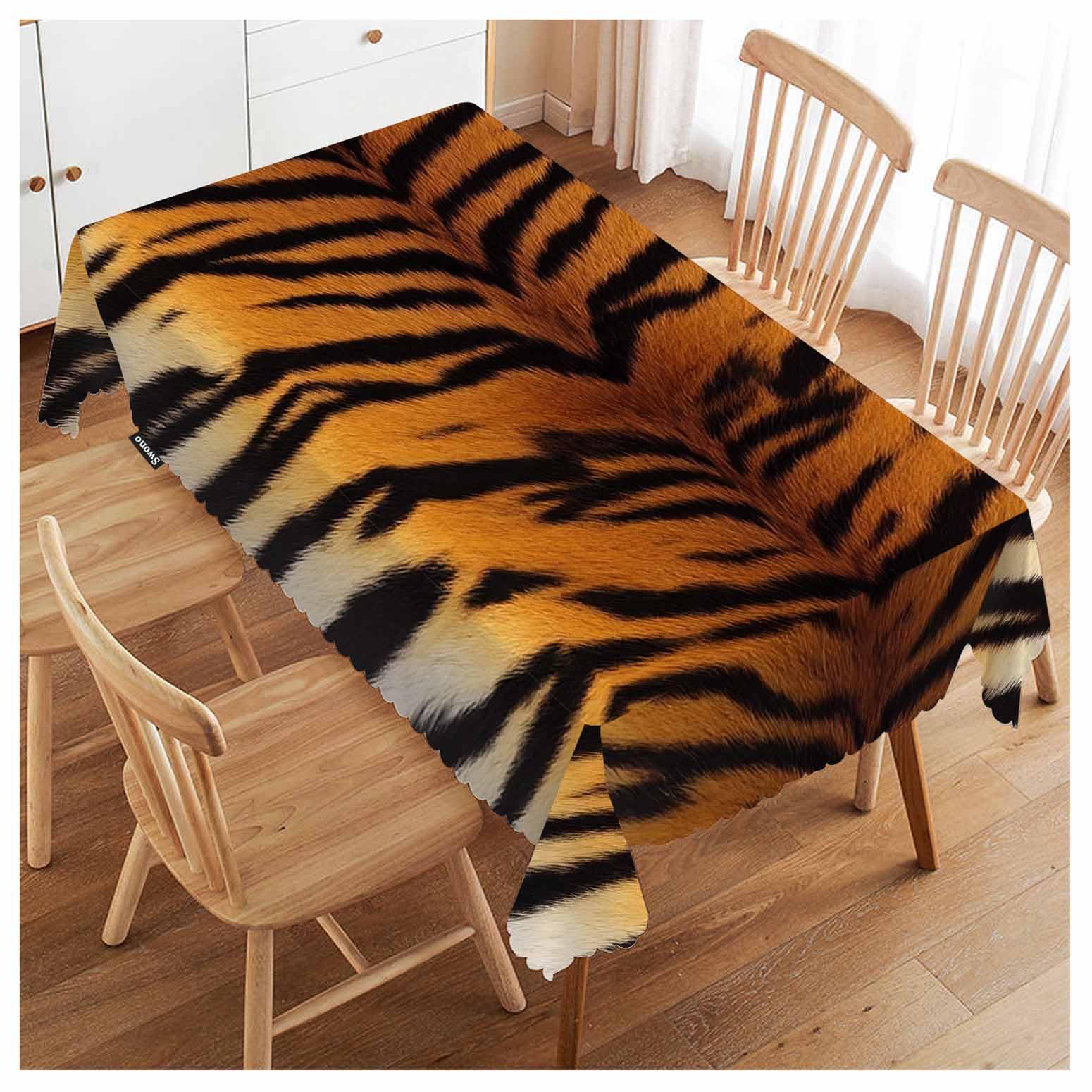 FJQWKLF Tiger Print Table Covers 52x70 Inch Wildlife Tiger Skin Brown Black Wipeable Tablecloth Kitchen Dinning Tabletop Decoration, Table Cloth for Outdoor and Indoor Use