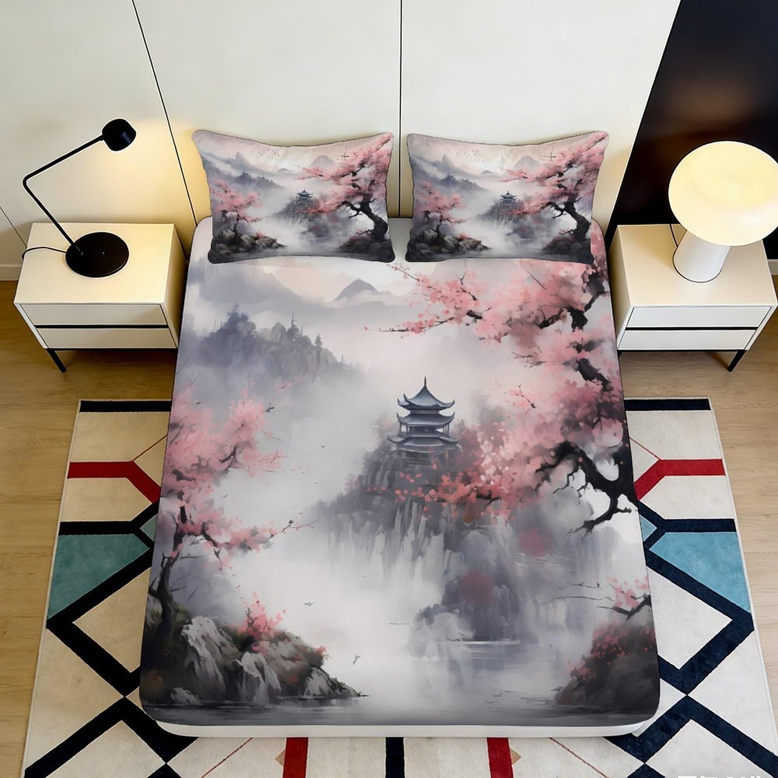 Pnayamiorkfel Style-7 3D Printed Cherry Blossom Landscape Fitted Sheet Microfiber Soft Art Pagoda Bed Cover Bedroom Decor 90X200x25cm