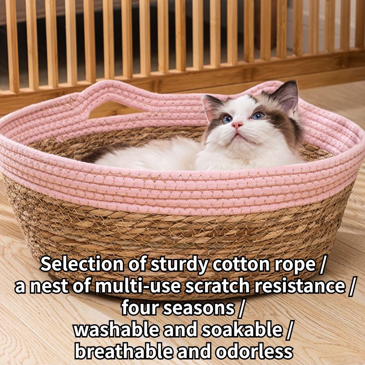 review Straw Woven Cat Baskets Bed, Round Wicker Cat Basket Nest, Non-Slip Cozy Kitten Bed for Cats Small Dog (Grey-with Cushion,Medium)