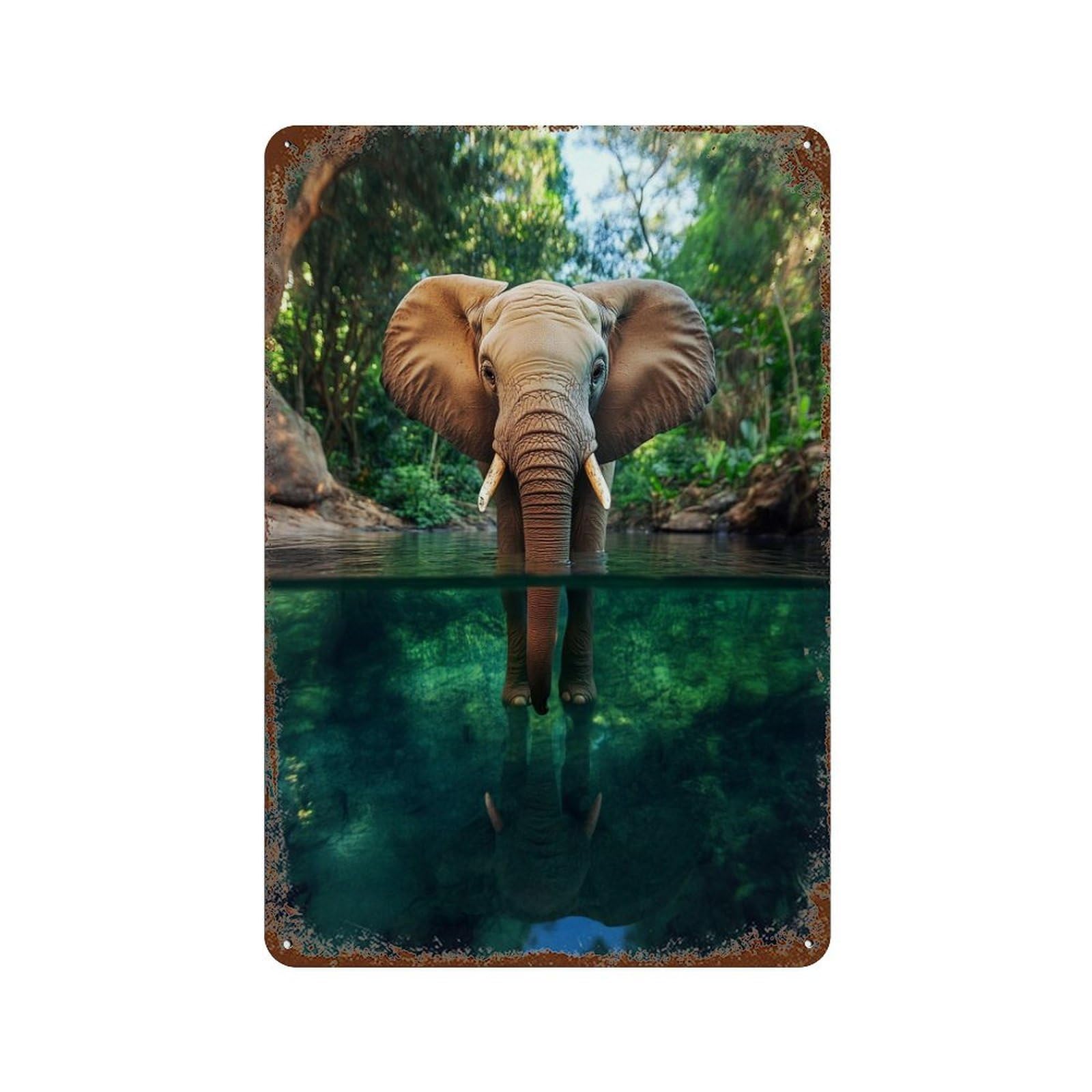 Rust Effect Tin Sign Elephant Reflection in Amazon Rainforest 11.8"x7.9", Industrial Home Decor for Garage, Bar And Workshop Decor