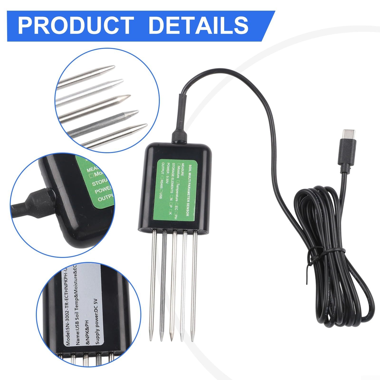 Probador de suelo USB 7 en 1 para dispositivos Android, mide la temperatura de humedad PH NPK, sonda sellada epoxi IP68, cable de 1,5 m para laboratorios agrícolas