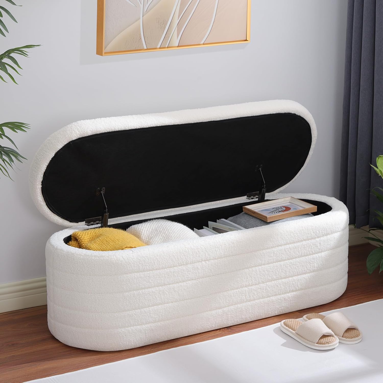 45.5-inch Modern Teddy Sherpa Storage Ottoman Bench, Upholstered Fabric Bench for Bedroom End of Bed, Oval White Boucle Storage Ottoman for Living Room, Entryway, Small Apartment