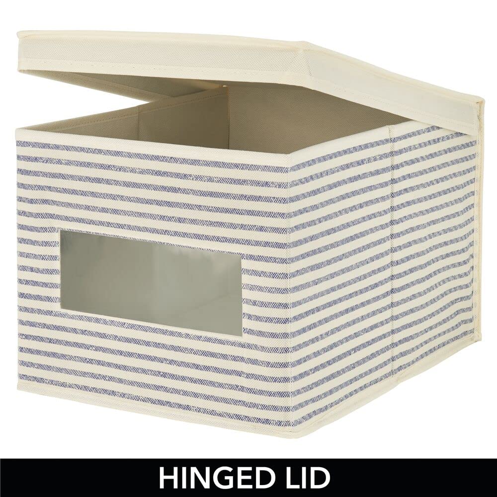 mDesign 6er-Set Stoffbox – praktische Aufbewahrungsbox mit Deckel und Sichtfenster für Schlaf-, Wohn- oder Badezimmer – stapelbare Schrankbox aus atmungsaktiver Kunstfaser – naturfarben/blau
