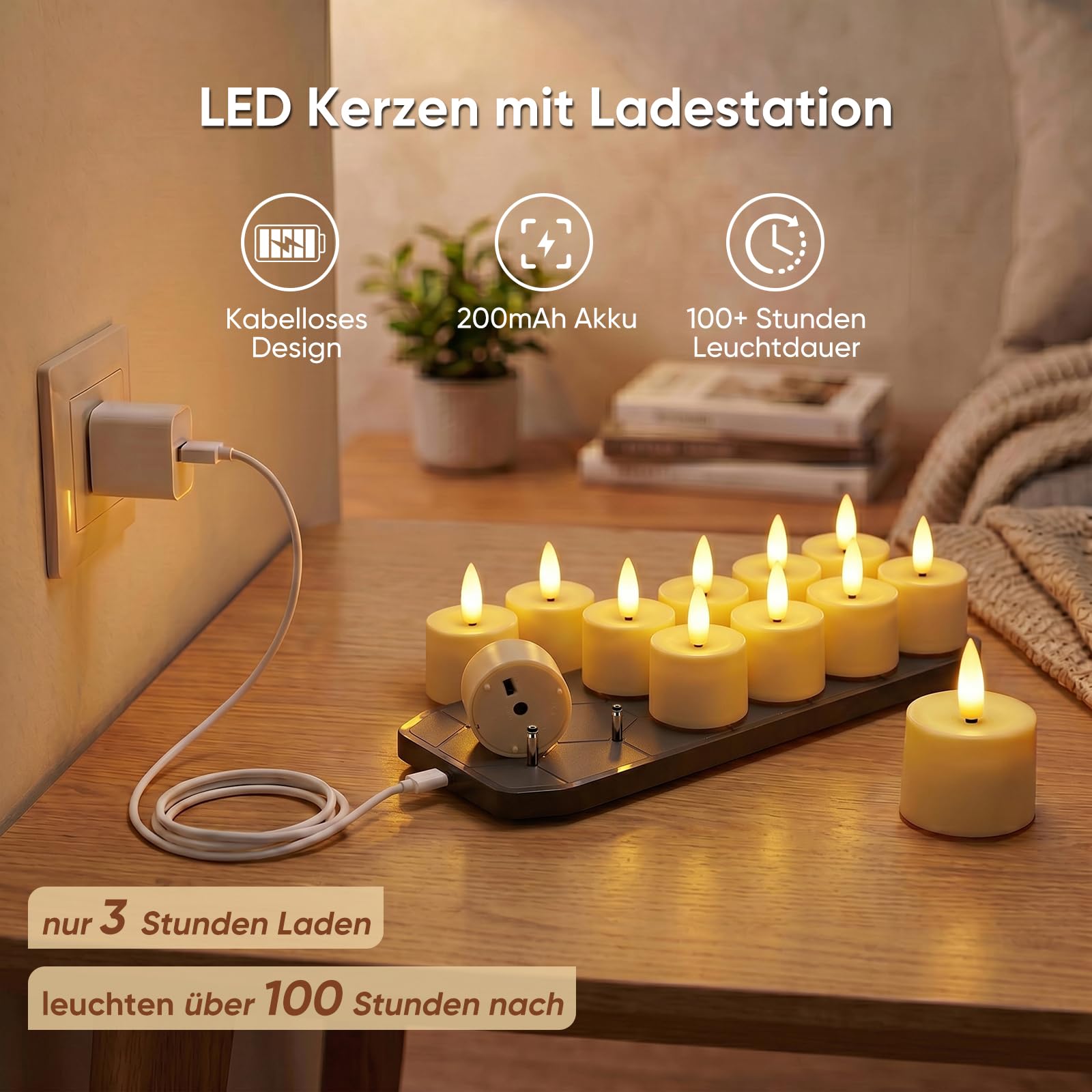 Homemory 12er wiederaufladbar teelichter mit Ladestation, USB Kerzen | Aufladbar Kerzen,Timer, Fernbedienung, 2 Std. Ladezeit, bis zu 100 Std. Leuchtdauer,Hochzeit Tisch Empfang Halloween