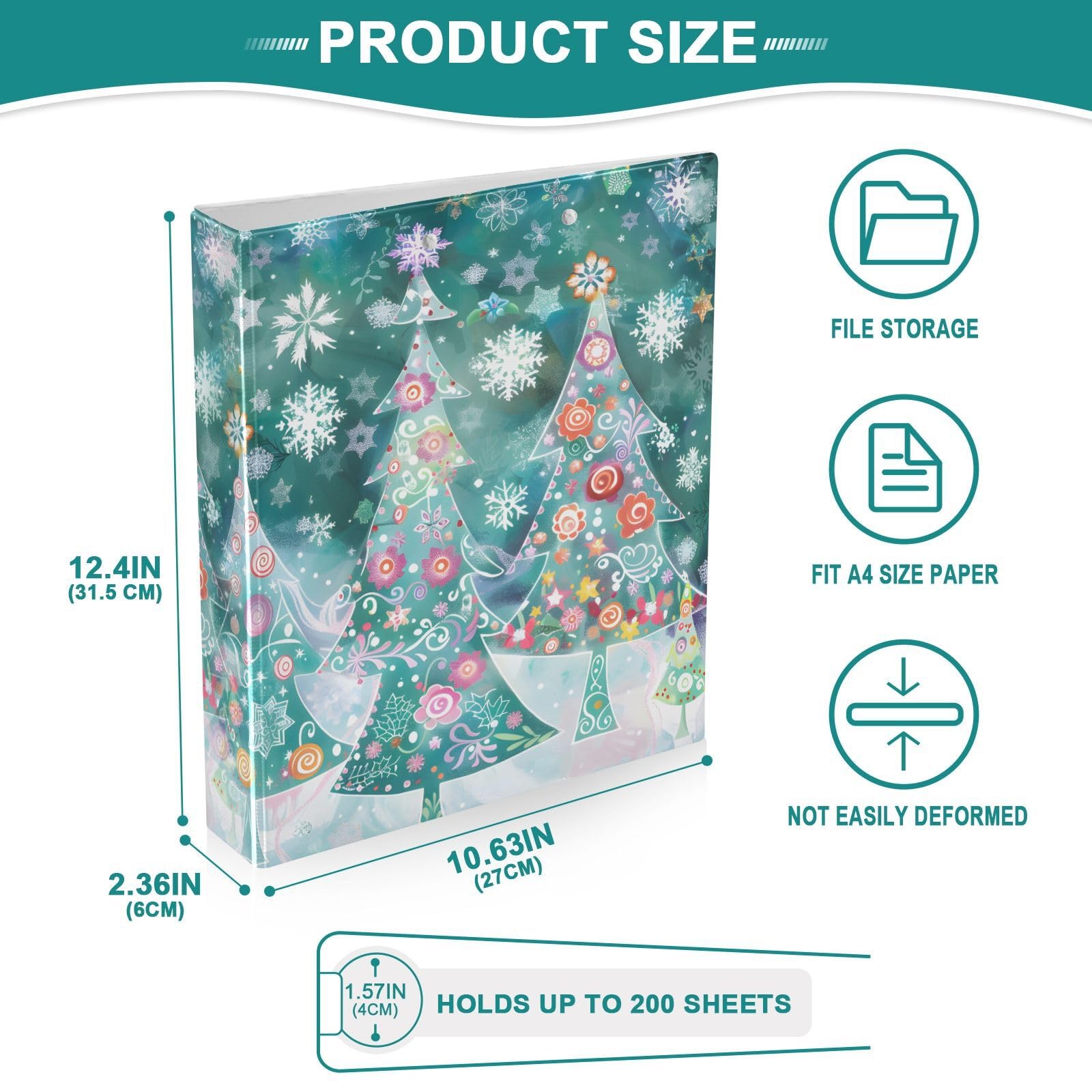 Classeur à 3 anneaux pour arbres de Noël, flocons de neige, 3,8 cm, classeur à trois anneaux avec porte-bloc pour papier de 21,6 x 27,9 cm, 3 poches intérieures transparentes en PVC pour fournitures
