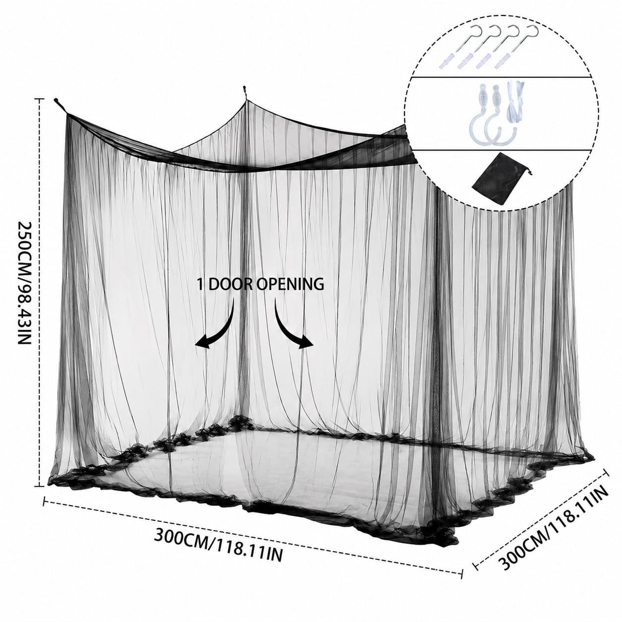 ACTOYS Zanzariera Letto Quadrata Grandi Dimensioni, Universale Zanzariera per Letto Singolo Matrimoniale per Terrazzo Gazebo Tenda da Sole Campeggio (Nero 1 porta, 3x3x2.5M)