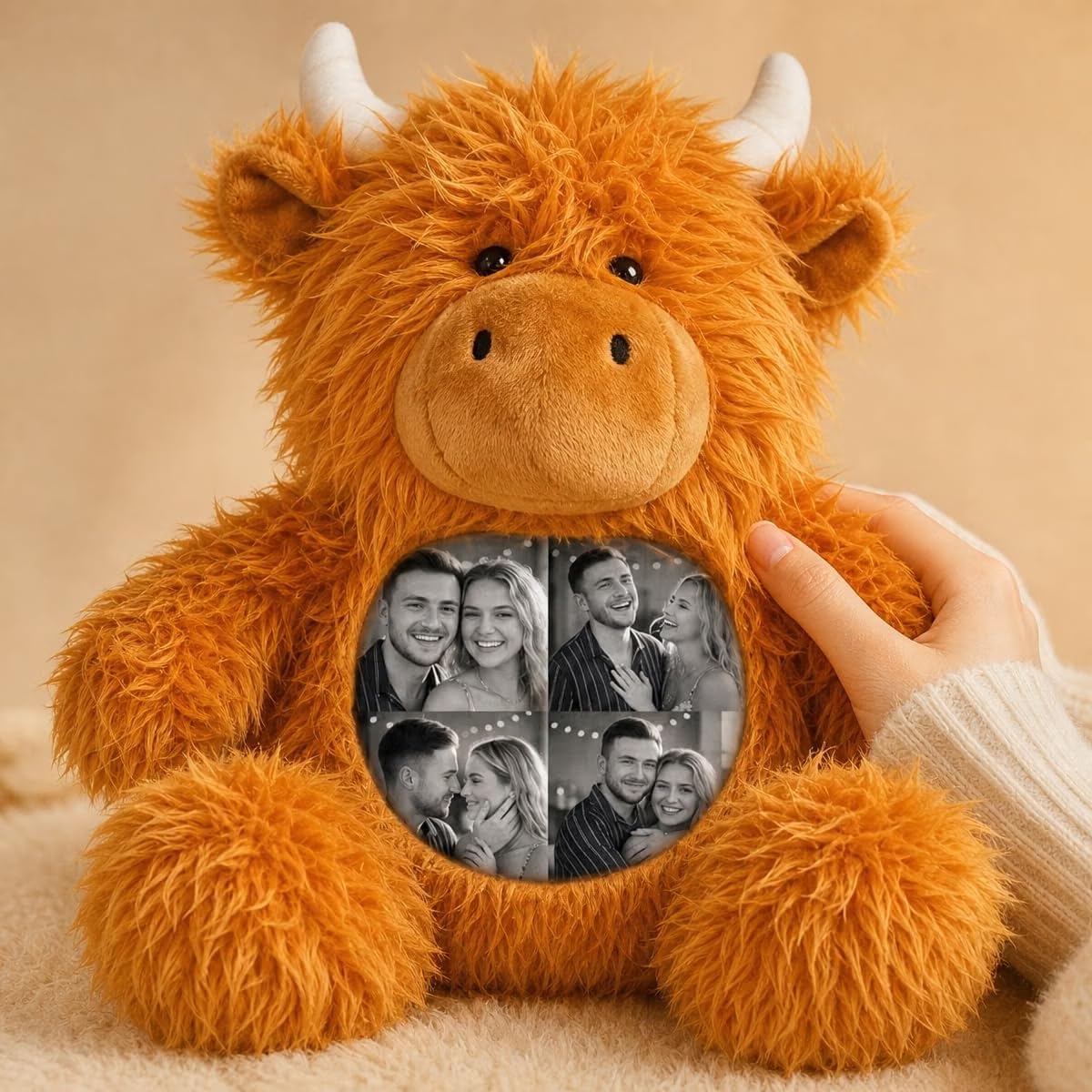 VEELU Personalised Photo Highland Cow Pillow with Hidden Ear Picture, Customised Memory Photo Plush Keepsake Stuffed Cow 26cm/40cm Gift for Anniversary Birthday Valentine’s Day Halloween Couple Woman