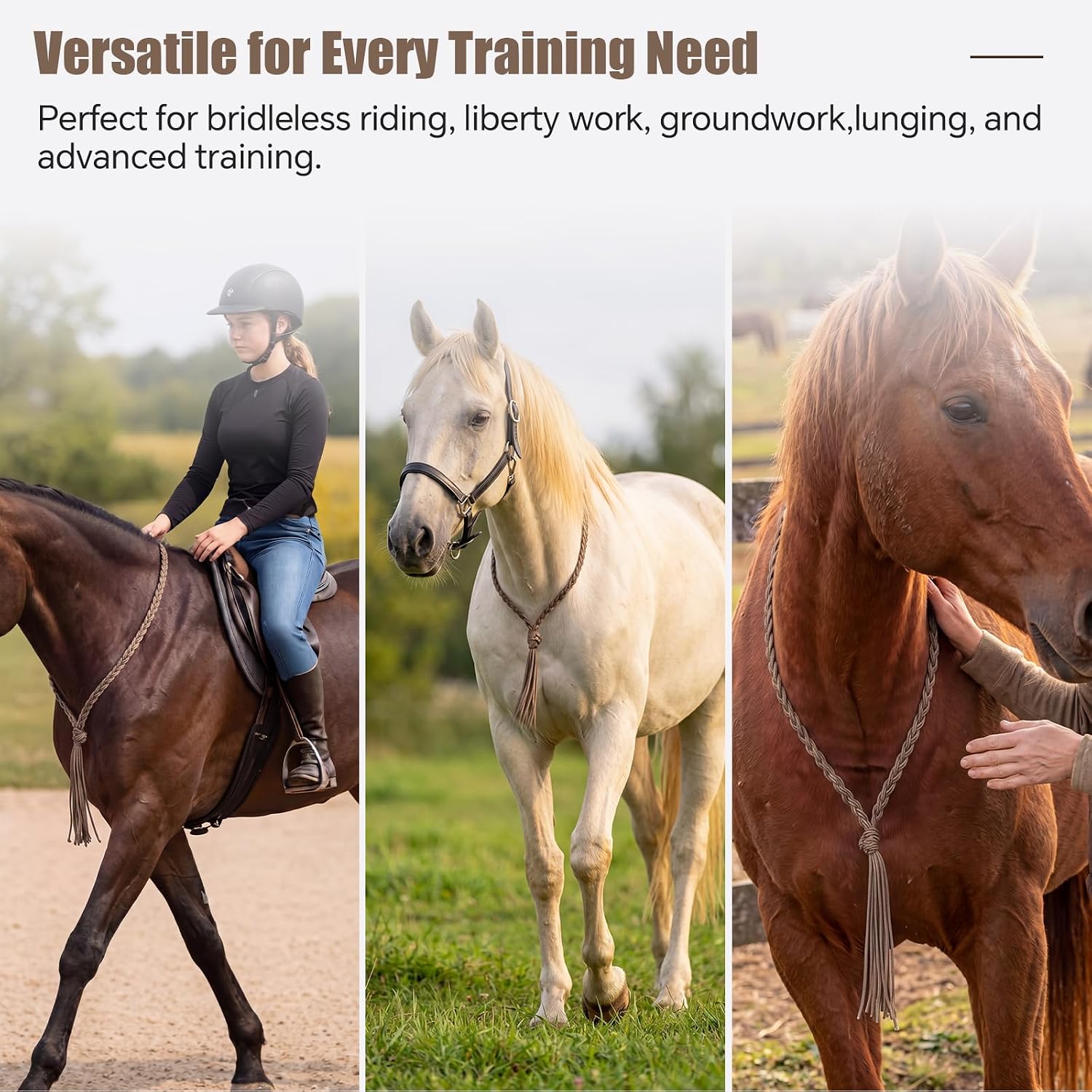 Nylon Horse Neck Rope 61 Inches, Equestrian Training Aid for Bridleless Riding and Liberty Work, Adjustable Cord for Better Communication and Seat Control