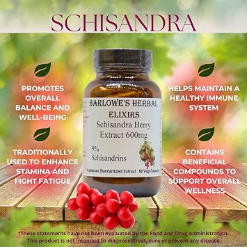 Barlowe's Herbal Elixirs Schisandra Berry | Extract | 9% Schisandrins | 600mg per Capsule | 60 Veggie Capsules | Non-GMO | Stearate Free | Glass Bottle