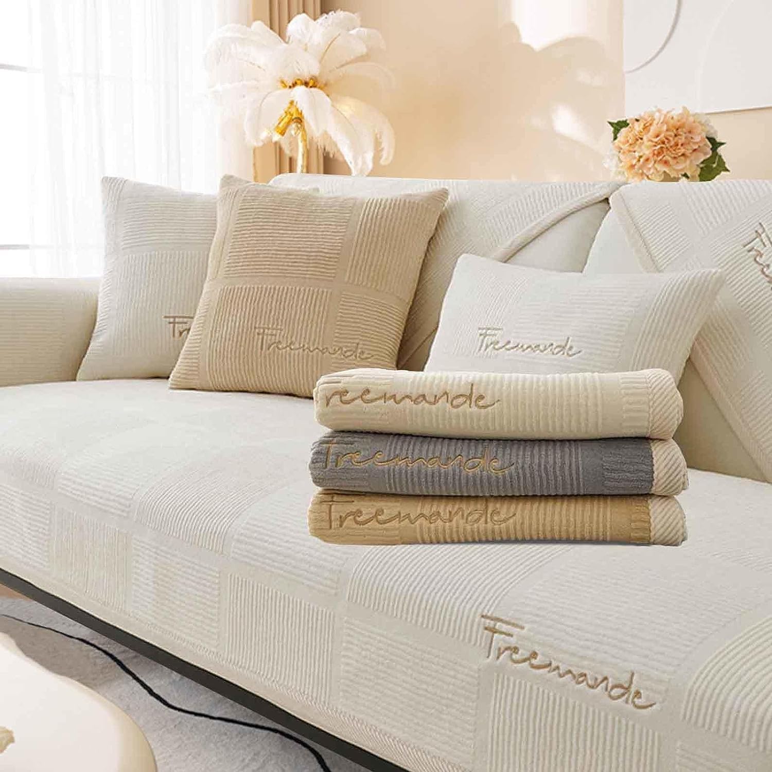 LINGKY Sofa Covers 1/2/3/4 Seater Corner Sofa Covers L Shape Velvet Thick Sofa Protector Non-Slip Sofa Slipcovers for Both Left/Right Chaise Sectional Couch (Cream,70x210cm/Rectangular)