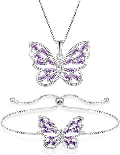 STARCHENIE Collar de mariposa y pulsera para mujer, plata de ley 925, amatista y mariposa