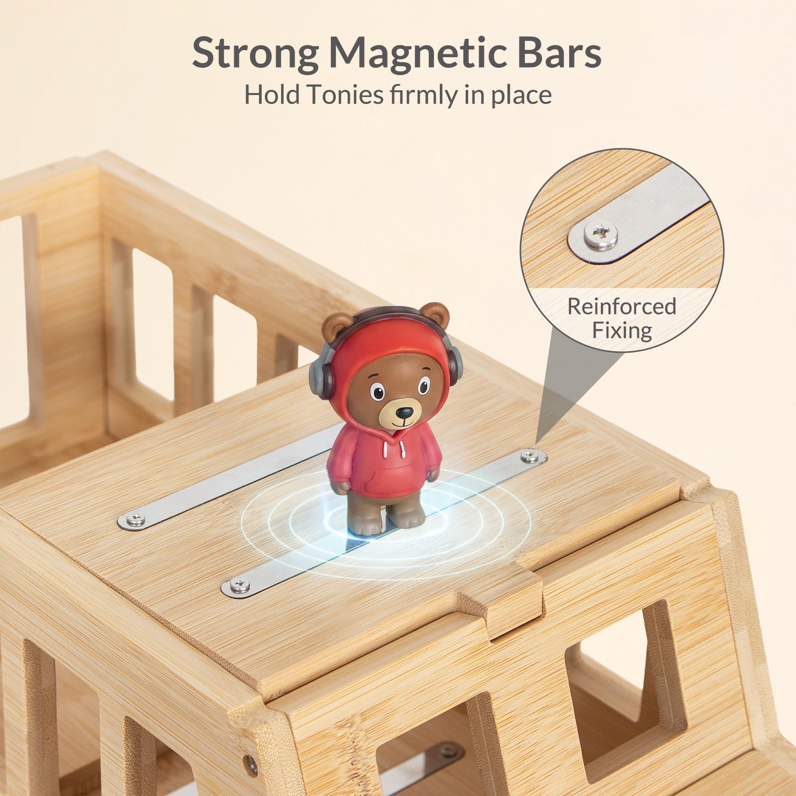 Todeco Étagère Magnétique à Poser, pour Tonies et Toniebox, Bus 3D | 20-30 Tonies, Bande Magnétique Renforcée, Compatible avec Station de Charge, Matériel de Montage Inclus, Bambou Robuste