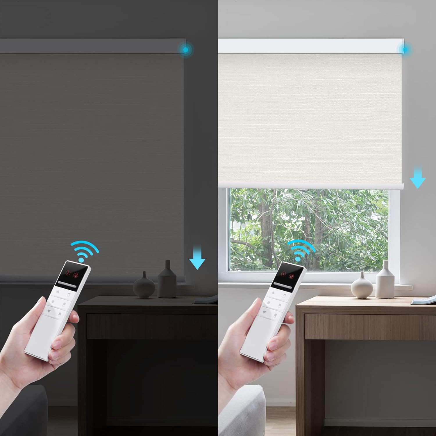 ZSTARR Motorized Blackout Window Blinds Remote Control Automated Window Blinds Rechargeable Roller Shades Blinds with Valance,Customized Size (White)