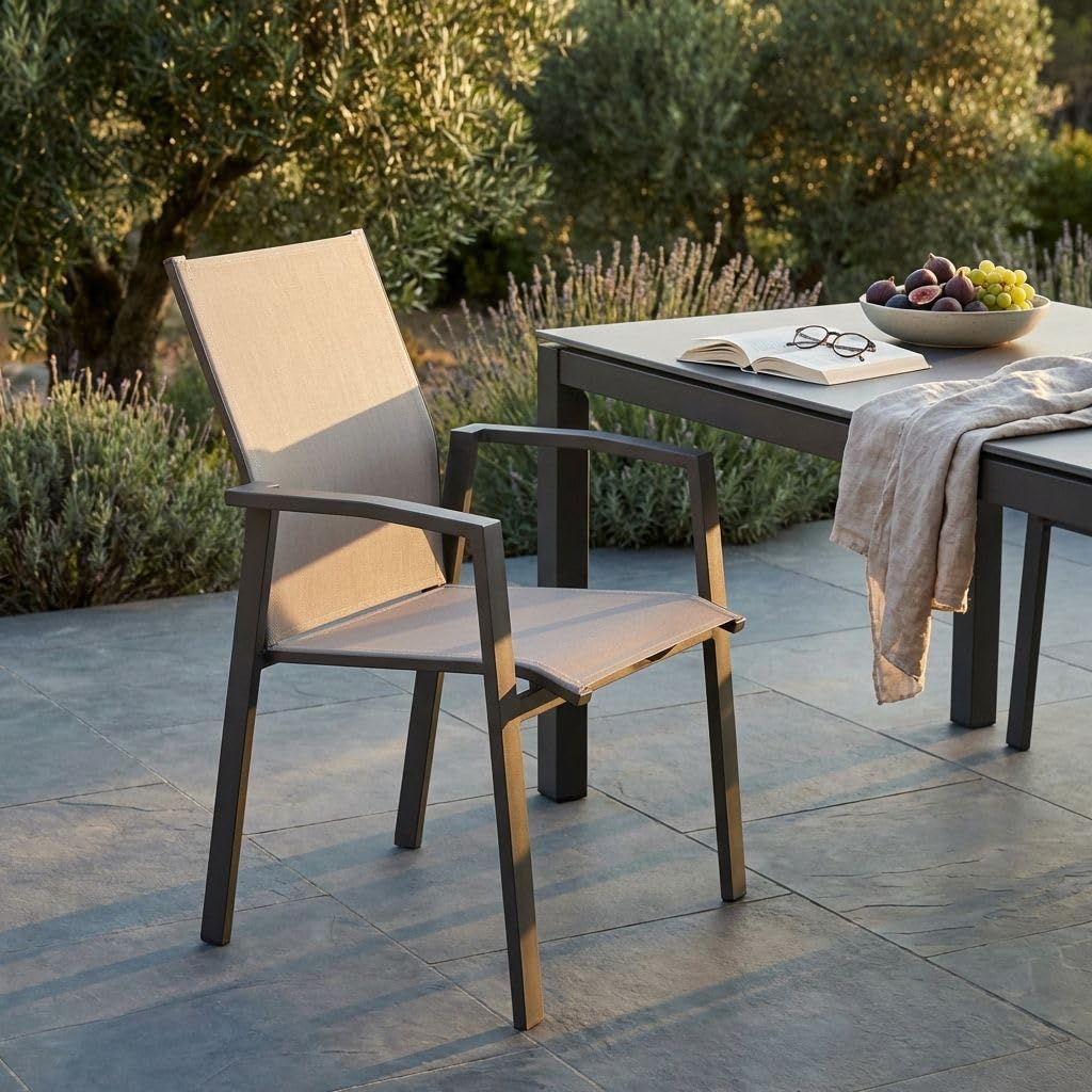 milani home - poltrona da giardino, alluminio e textilene, impilabile, taupe, linea Lotus