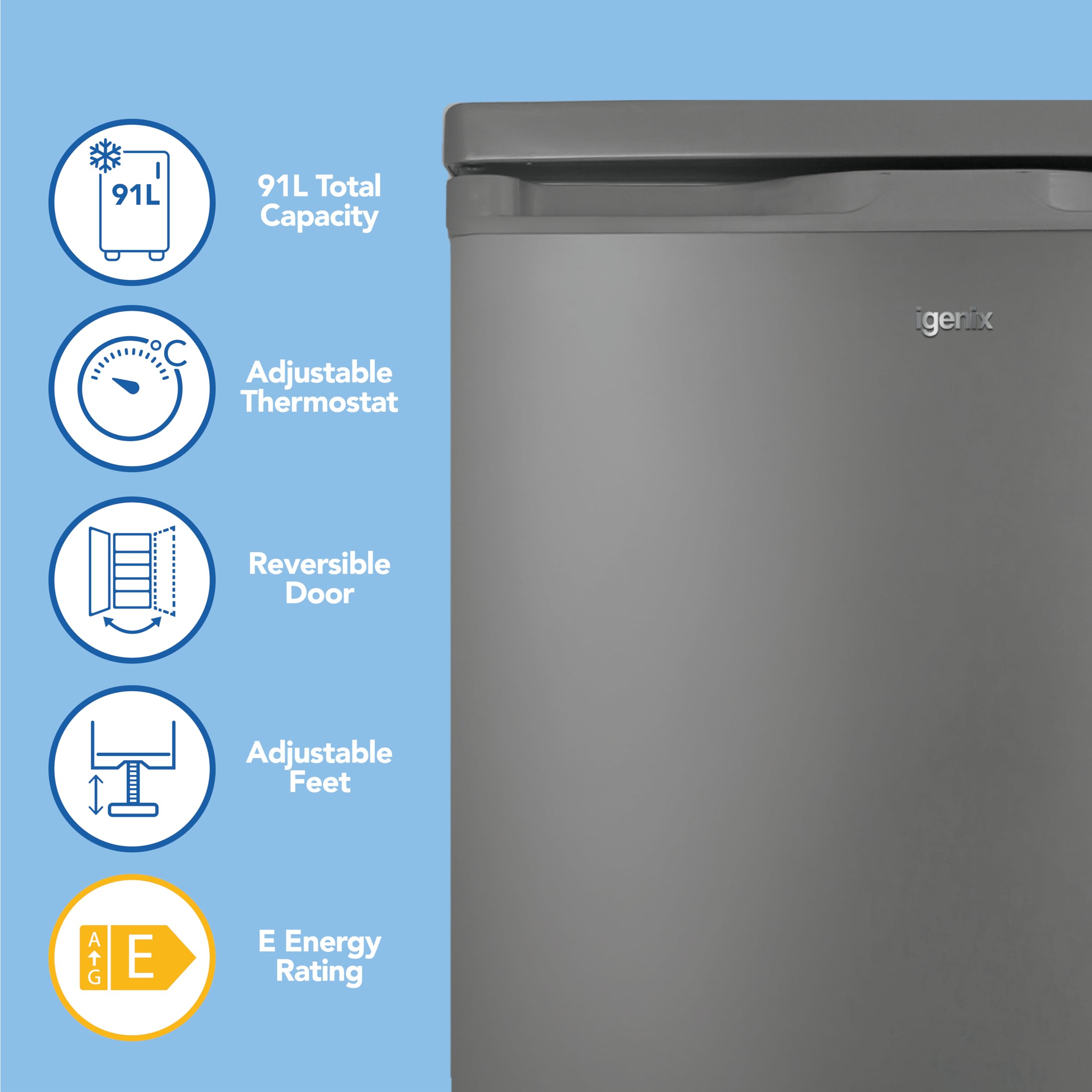 Igenix IG355X Freestanding Under Counter Freezer with 4 Large Drawers, Reversible Door, 91 Litre Freezer Capacity, 55 cm Wide, Inox — view 2