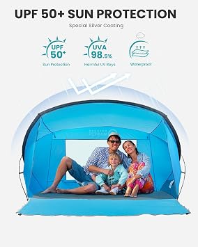 OutdoorMaster Updated Beach Tent for 3-4 Person - Easy Setup and Portable Beach Shade Sun Shelter Canopy with UPF 50+ UV Protection Removable Skylight Family Size -Sky Blue