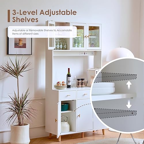 Miniatura 7 de Armario de despensa de cocina con toma de corriente y luz, gabinete independiente grande de 73 pulgadas con armario de buffet, armario alto con