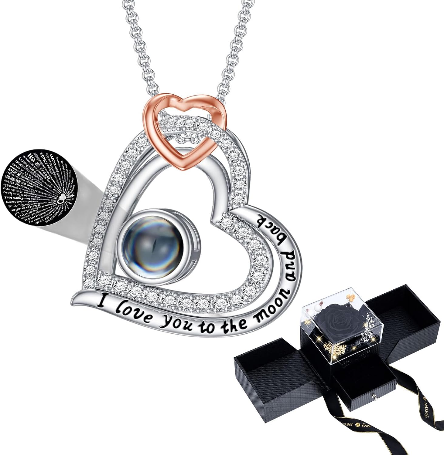 SOULMEET 100 Languages I Love You Triple Heart Projection Necklace, Custom Photo Picture Projection Pendant Necklace with Preserved Real Flower Rose Gift Box for Christmas Valentine