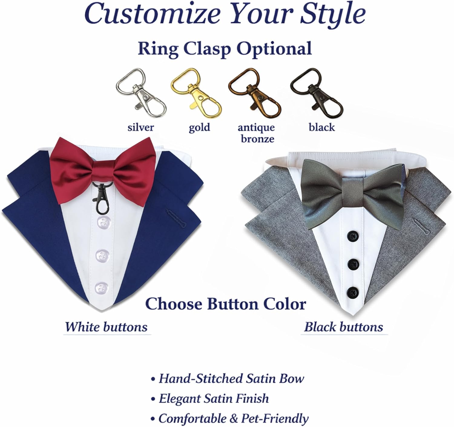 Custom-Fit Dog Tuxedo with Bow Tie & Lapel Uncut Cham Eyelet | Keyhole Fishtail Buttonhole Design | Optional Ring Bearer Clasp | Perfect Outfit for Wedding & Birthday by ACORD EU (Light Beige)