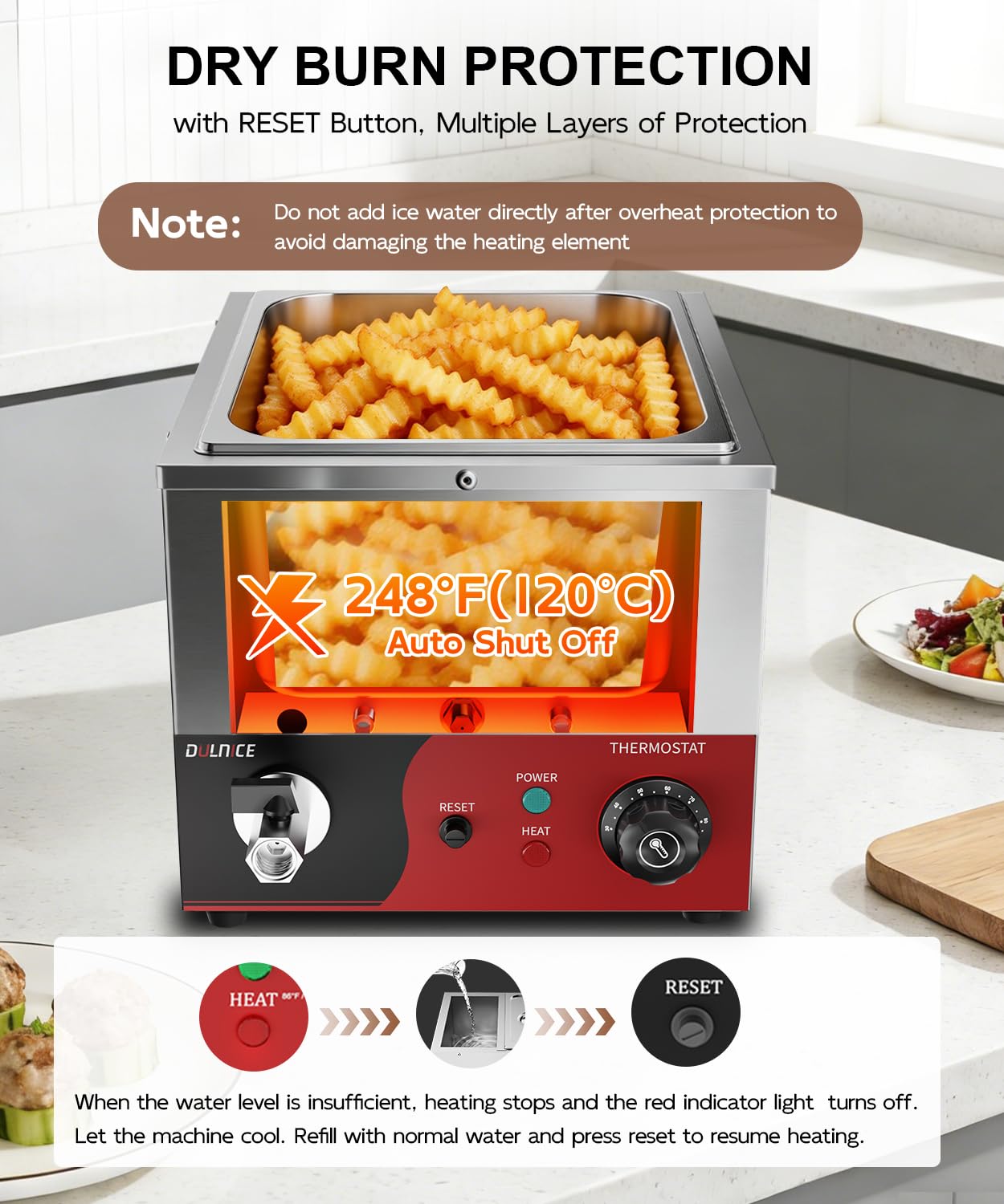 Bain Marie - Calentador eléctrico GN 1/2 con reinicio, 600 W, acero inoxidable, con grifo de desagüe, para fiestas, catering y restaurantes, 30-85 °C