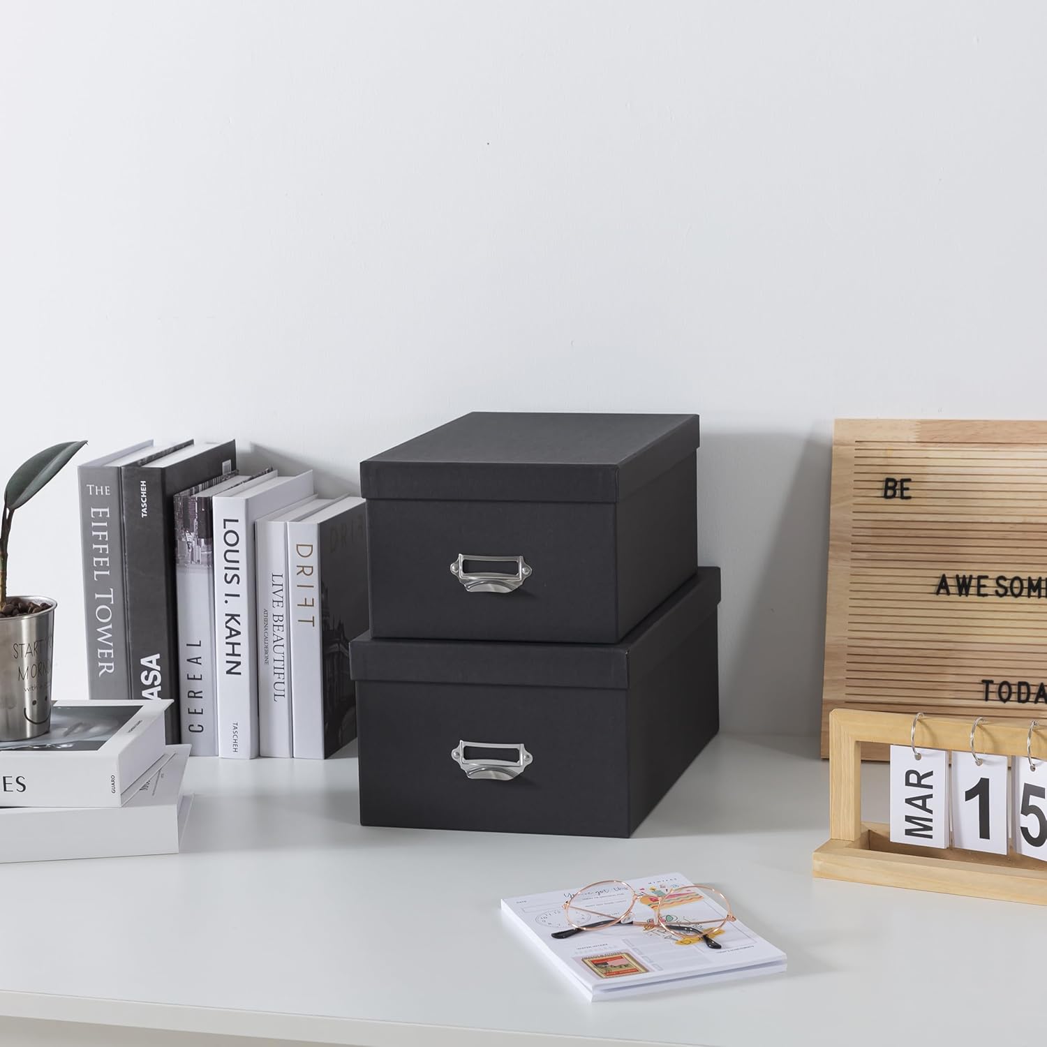 Soul & Lane Black Decorative Cardboard Storage Boxes with Lids, Set of 2 Stacking Keepsake Photo and Memory Boxes for Home & Office, Elegant Paperboard Organizers with Label Holders and Drawer Pulls