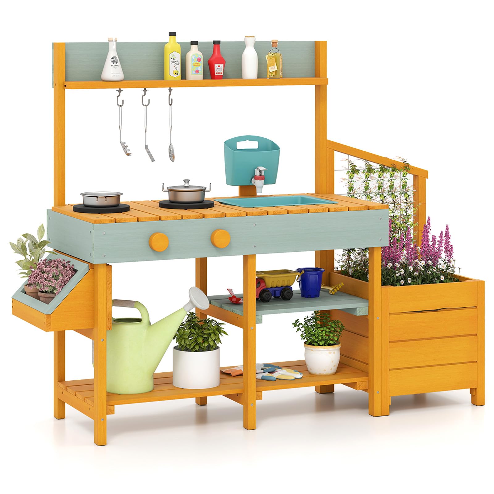 COSTWAY Matschküche Kinder Outdoor, Kinderküche mit Pflanzkasten & Rankgitter, Holzküche mit Wasserfunktion, Garten Spielküche, Outdoorküche inkl. Zubehör für Kinder ab 3 Jahren (Gelb + Hellgrün)