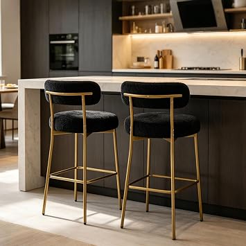 DYHOME Bar Stools Set of 2, Black Counter Height Bar Stools, 24 inch Boucle Upholstered Barsrtools with Curved Back Gold Legs, Mid-Century Modern Bar Chairs for Kitchen Island, Dining Room