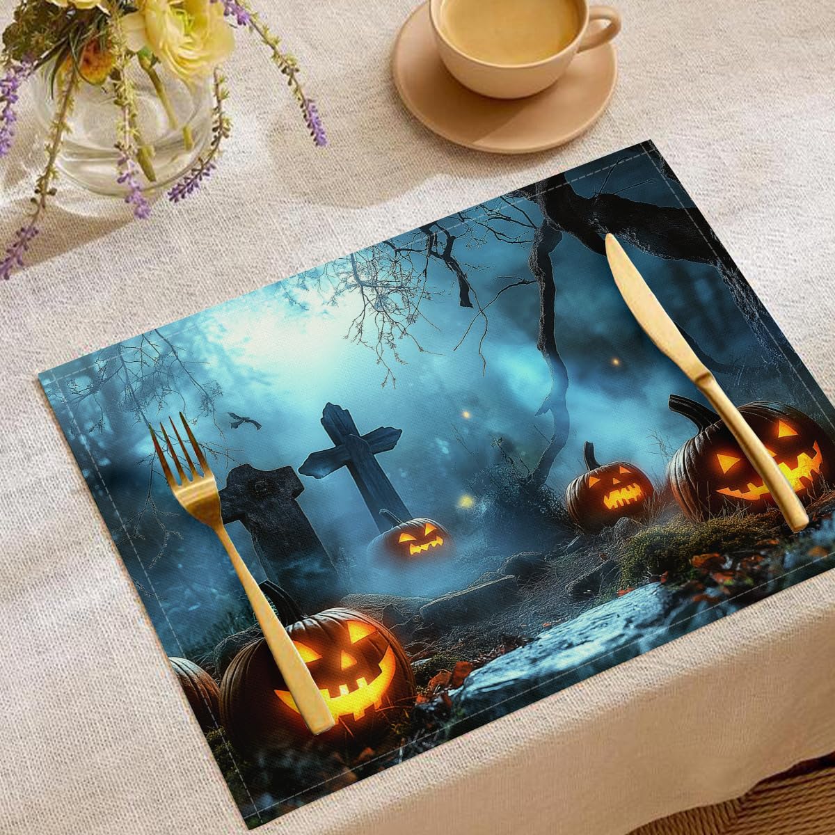 Set de table forêt effrayante Halloween lavable 30x45 cm bleu clair lot de 8