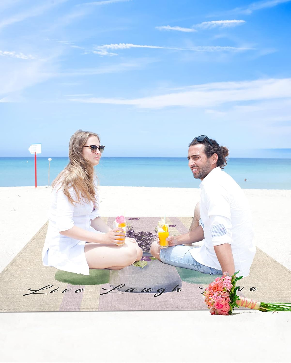 Watercolor Elegant Blossoms Tulip Flower Beach Blanket Waterproof Sandproof Outdoor Picnic Mat 108"x84" Purple Stripe Linen Texture Lightweight Large Beaach Blankets with 4 Stake & 4 Corner Pockets