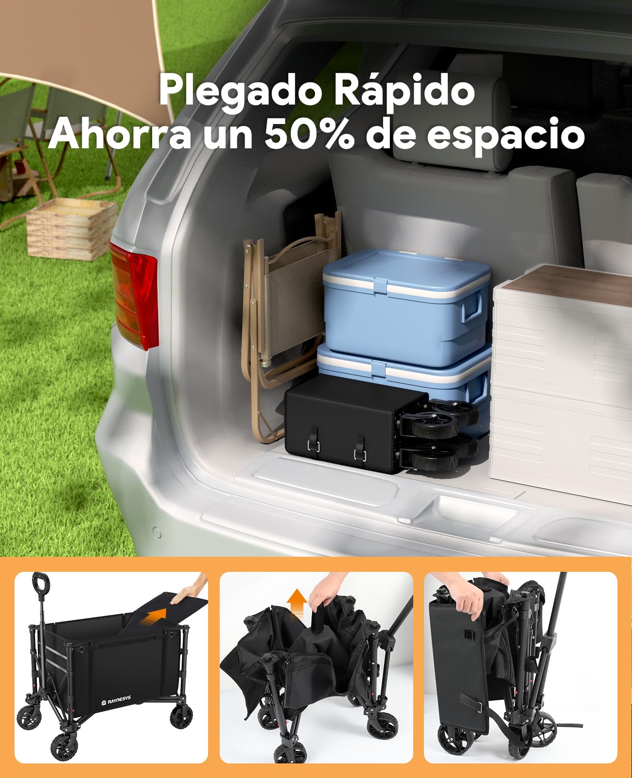 Vagón Plegable 3 en 1 Convertible en Banco, 120L Carro Plegable con Ruedas, 220LBS Carrito de Compra para Comestibles Carro Transporte para Playa, Camping, Jardín, Carretillas, Deporte, Negro Oscuro