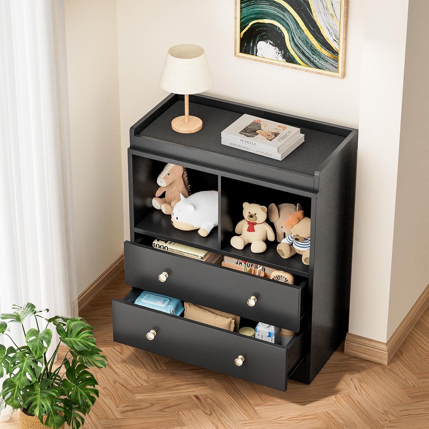 GAOMON Baby Changing Table Dresser with Removable Changing Tray, Nursery Dresser with 3 Large Drawers, Modern Baby Changing Station & Storage for Nursery, Solid Wood Changing Table, Black