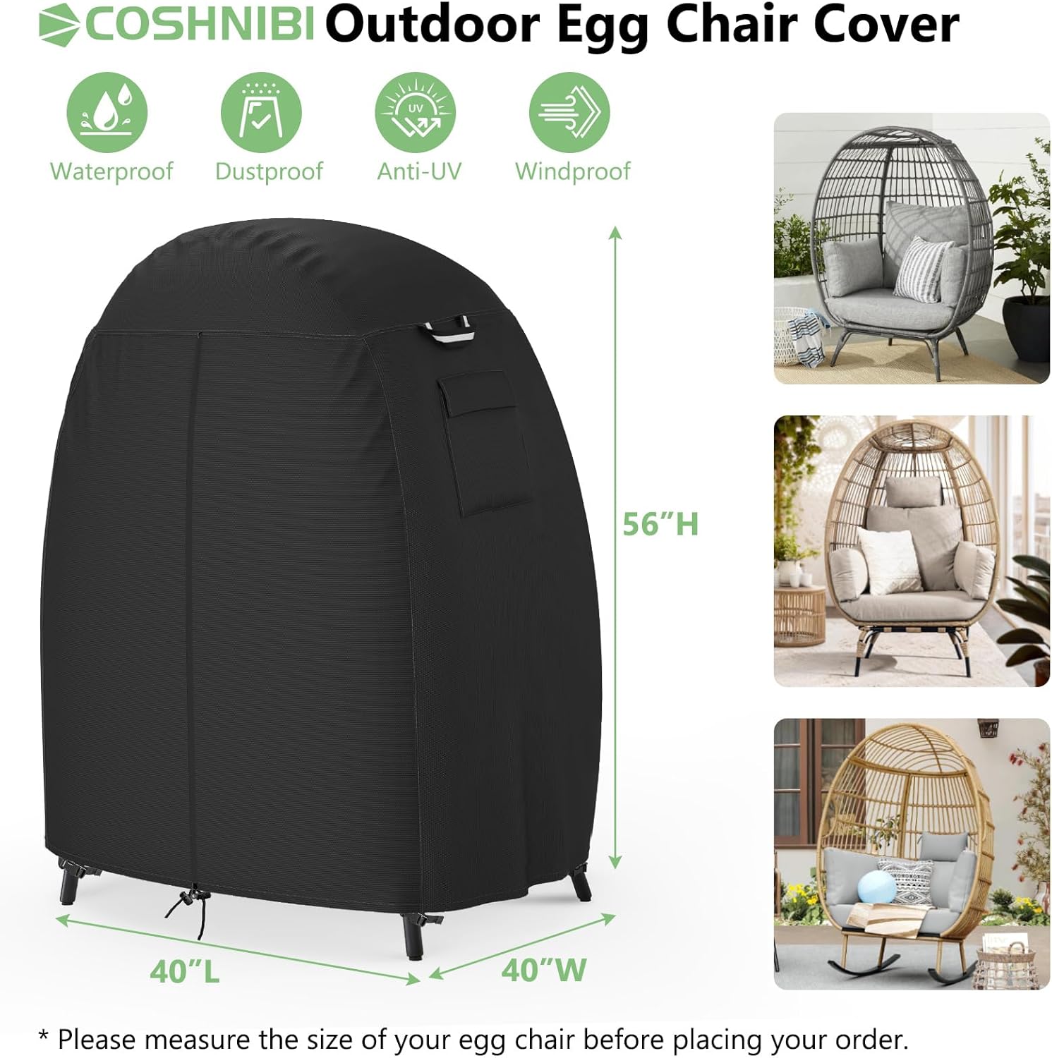 COSHNIBI Egg Chair Cover,Waterproof Dustproof Covers for for Patio Egg Rattan Chair and Standing Wicker Egg Chair,Black-40" L x 40" W x 56" H