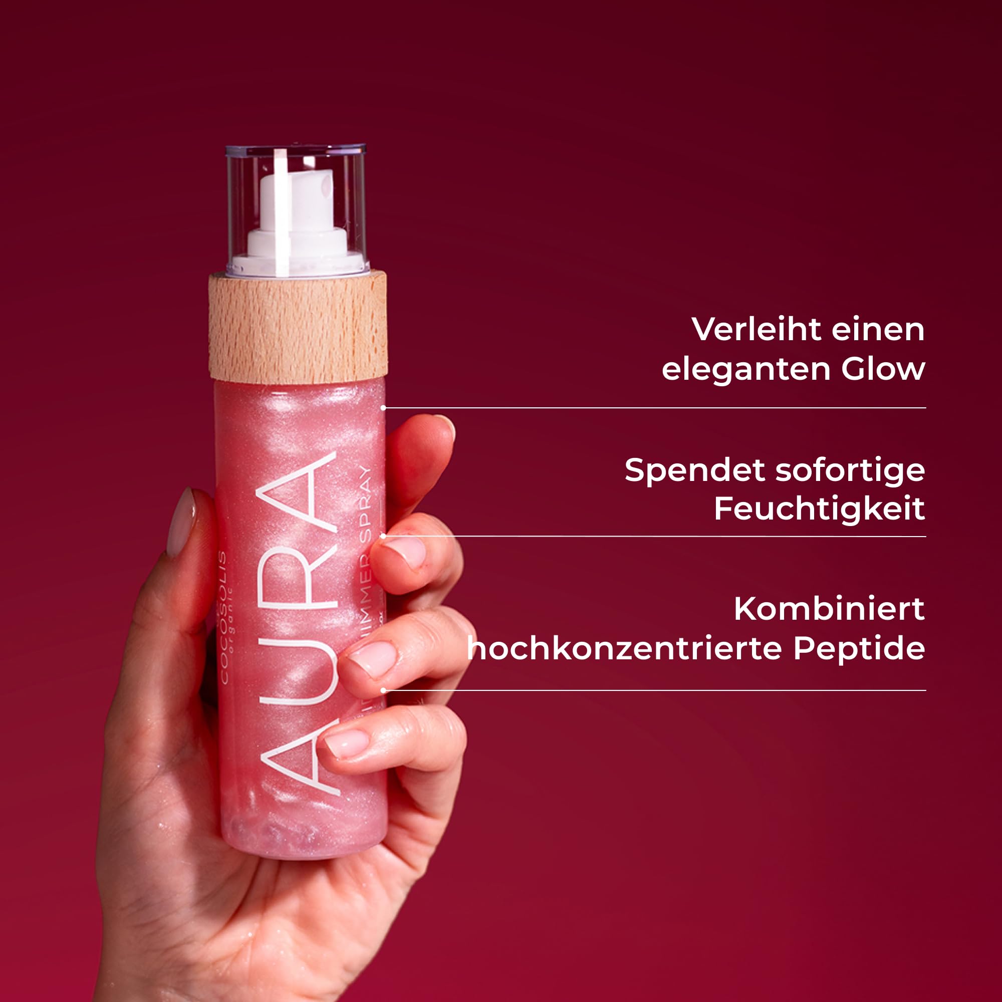 COCOSOLIS AURA PINK Peptide Shimmer Spray - Natürliches Glitzer Schimmer-Spray mit Peptiden für Gesicht, Körper und Haare