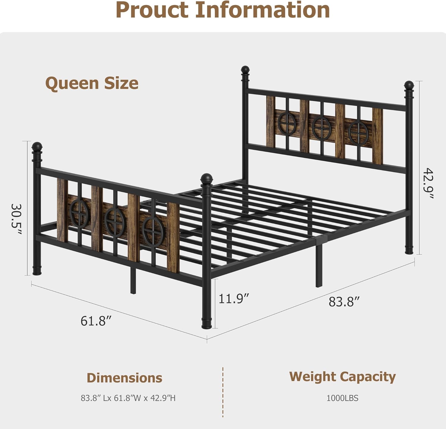 Queen Size Bed Frame with Headboard and Footboard & Storage Space Under Bed, Metal Twin Bed Frame w/ Vintage Circular Design, No Box Spring Required, Noise-Free, Easy Assembly (Brown, Queen Siz)