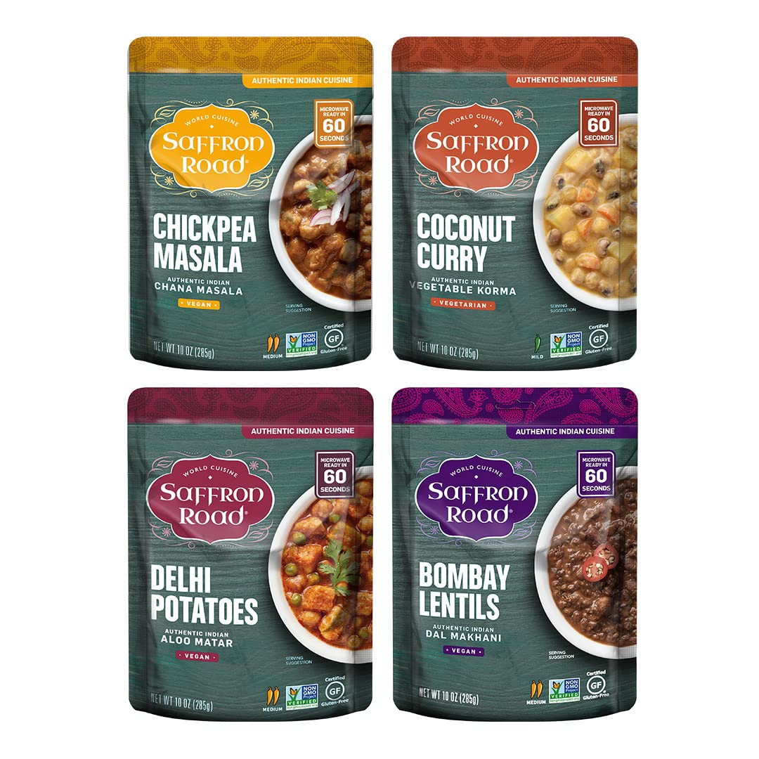 Saffron Road Meal Pouch Variety Pack - Bombay Lentils, Delhi Potatoes, Chickpea Masala, Coconut Curry (4 total packs, 10 oz Each) (4 Flavor Variety Pack, 4 Pack)