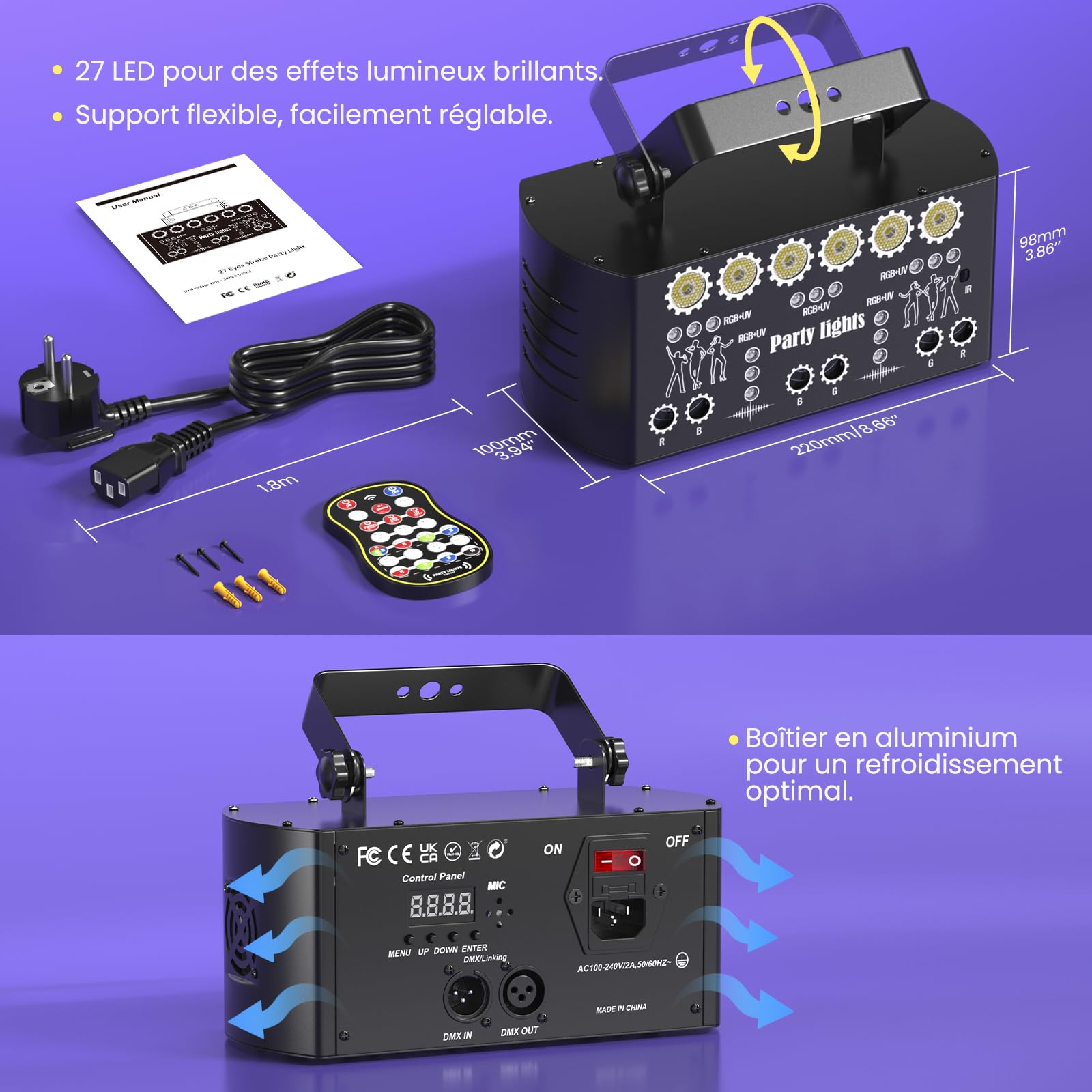 Jeux de Lumière DJ Professionnel RGB avec Effets Stroboscopiques et Laser, Télécommande IR, Éclairage de Scène pour Soirée, Fête, Anniversaire, Bar, DJ, DMX 512, Lumière Disco, Laser DJ